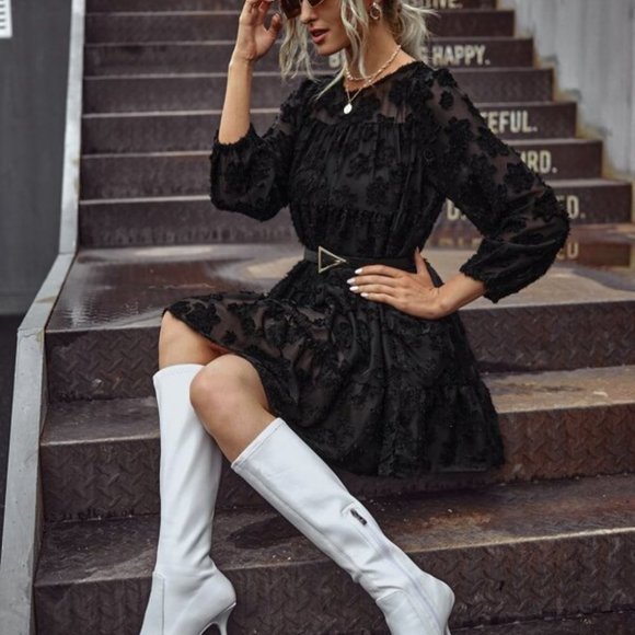 Black Floral Fuzzy Sheer Sleeve Ruffle Dress - Picture 2 of 7